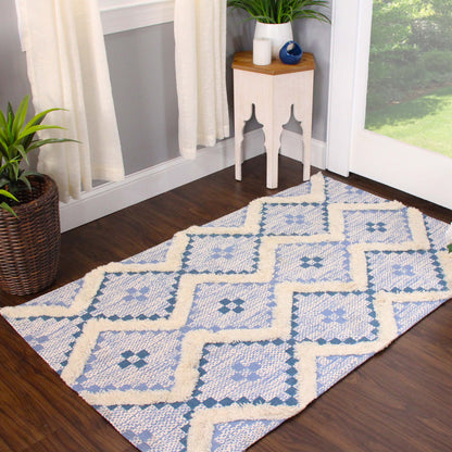Geometric Wool Cotton Blend Latex Backing Indoor Area Rug - Cerulean/DarkDenim