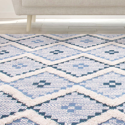 Geometric Wool Cotton Blend Latex Backing Indoor Area Rug - Cerulean/DarkDenim