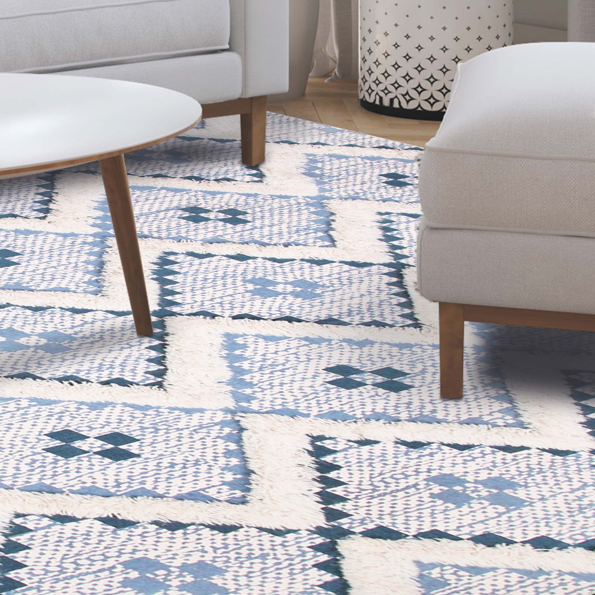 Geometric Wool Cotton Blend Latex Backing Indoor Area Rug - Cerulean/DarkDenim