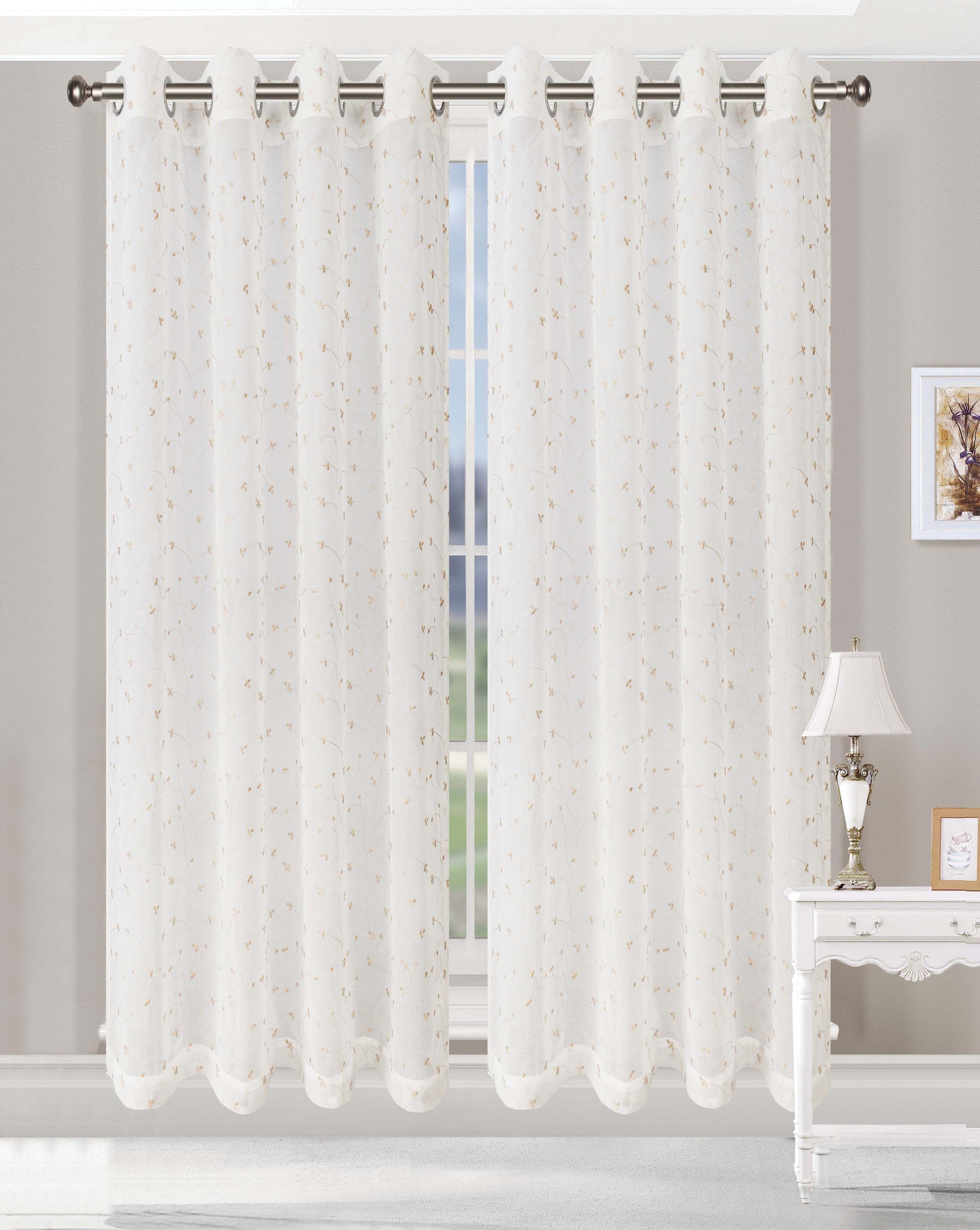 Embroidered Flower 2 Piece Grommet Sheer Curtain Panel Set - Champagne