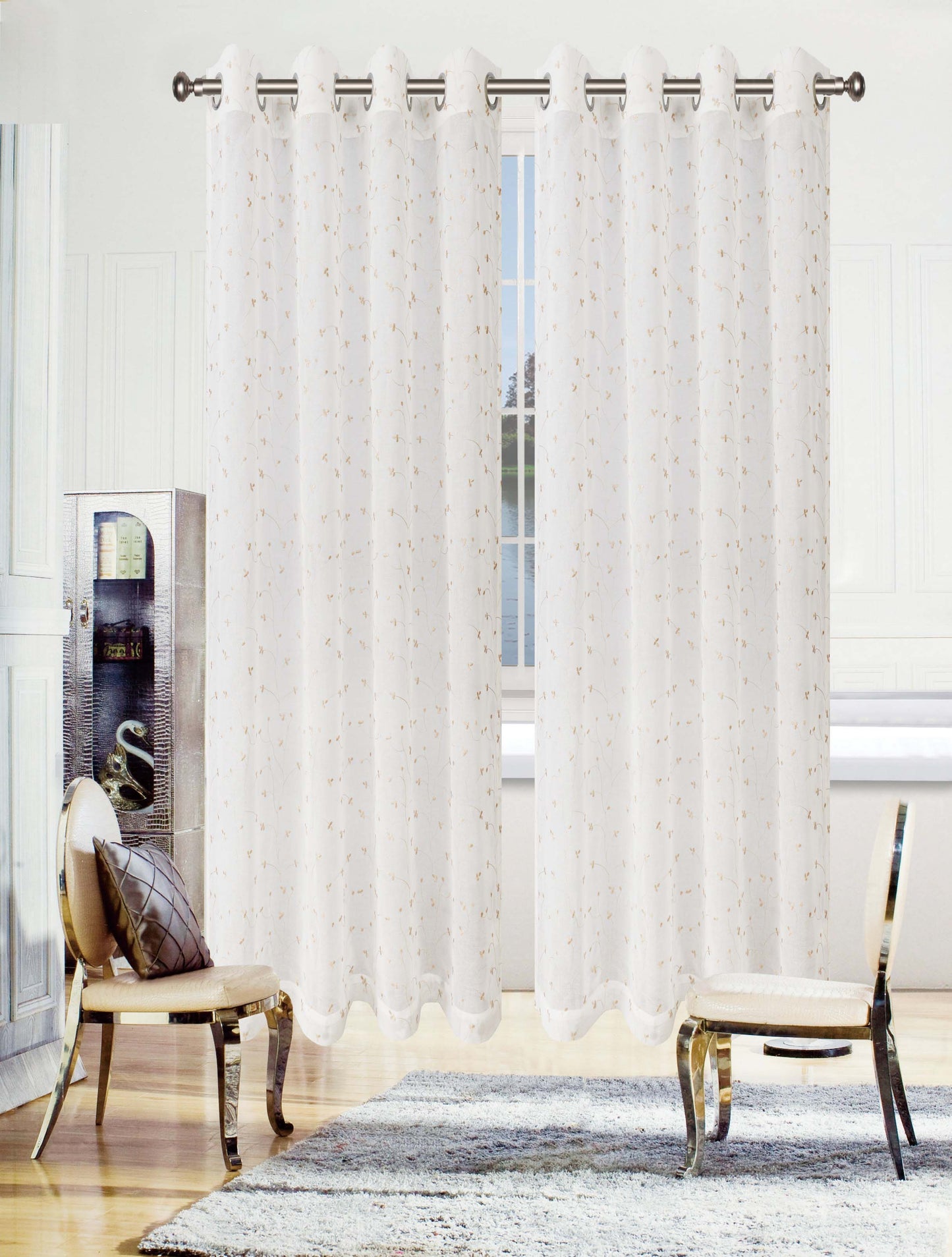 Embroidered Flower 2 Piece Grommet Sheer Curtain Panel Set - Champagne