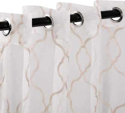 Embroidered Moroccan Lattice 2 Piece Sheer Curtain Set - Champagne