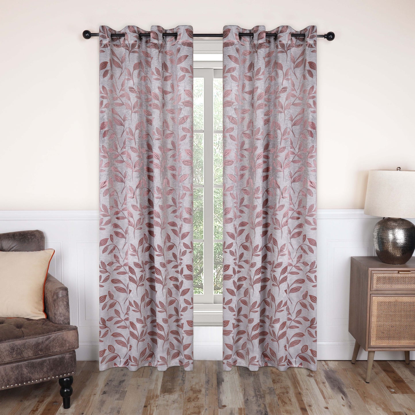 Leaves Machine Washable Room Darkening Blackout Curtains, Set of 2 - Champaigne