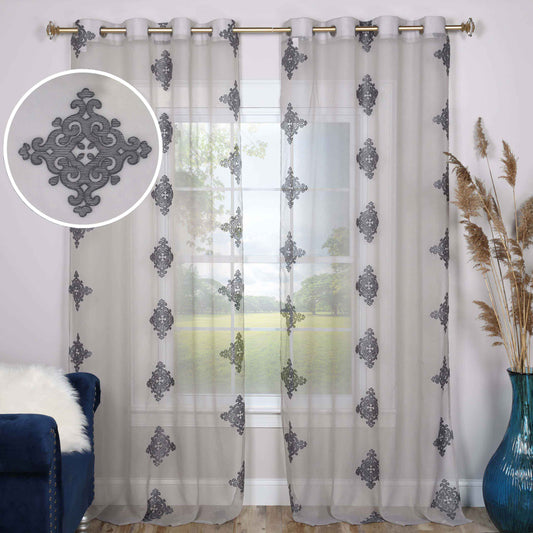 Sheer Traditional Embroidered Damask Grommet Curtain Panel Set - Charcoal