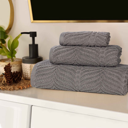 Chevron Zero Twist Jaquard Cotton 3 Piece Bathroom Towel Set - Charcoal