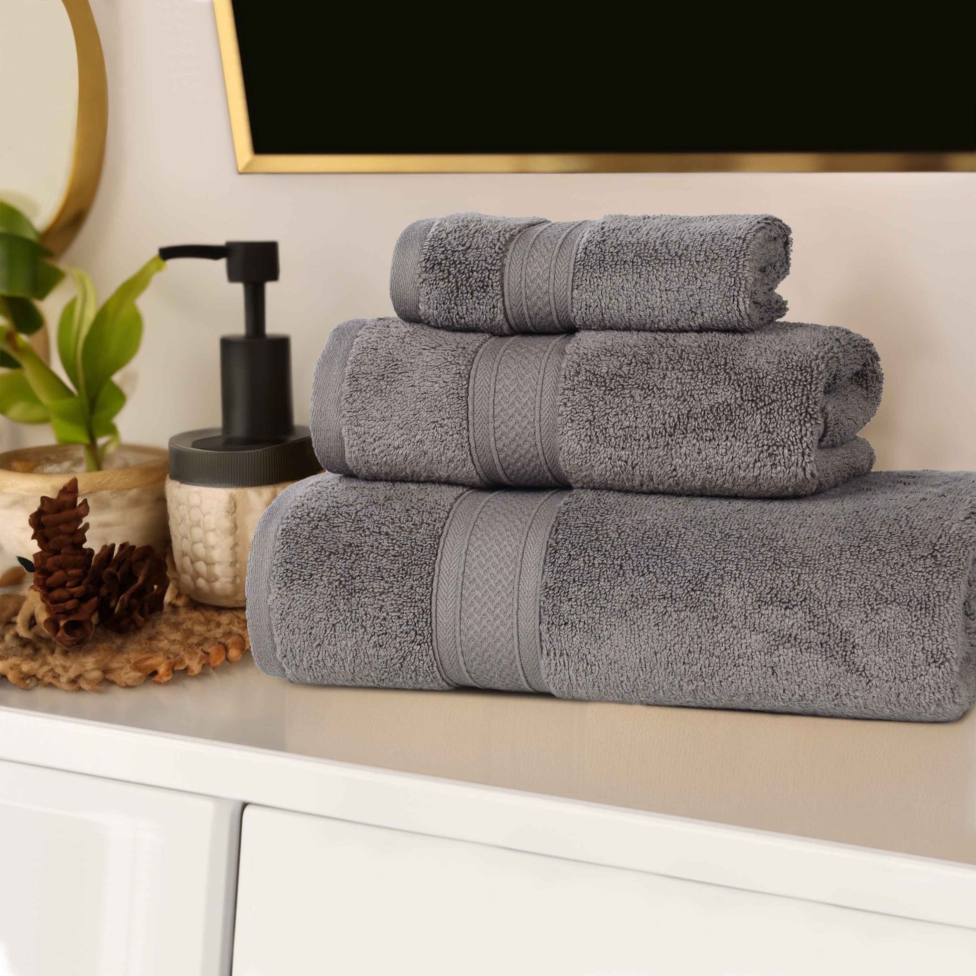 Chevron Zero Twist Solid Soft Absorbent Cotton 3 Piece Towel Set - Charcoal