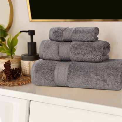 Chevron Zero Twist Solid Soft Absorbent Cotton 3 Piece Towel Set - Charcoal