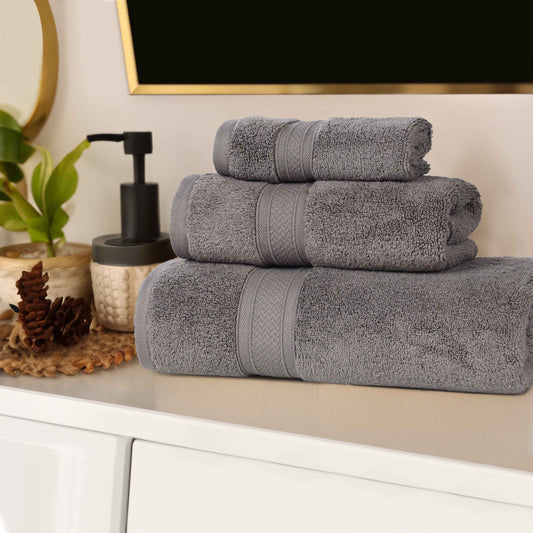 Chevron Zero Twist Solid Soft Absorbent Cotton 3 Piece Towel Set - Charcoal