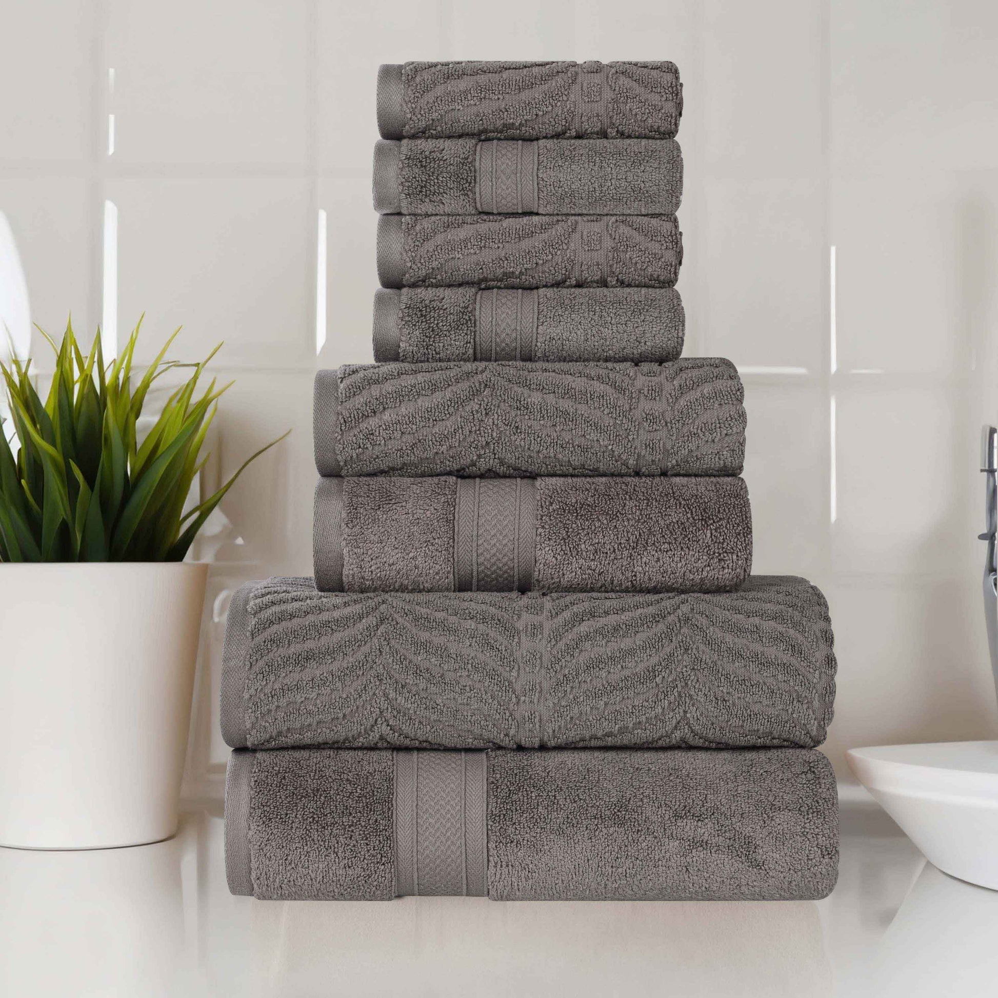 Chevron Zero Twist Solid and Jacquard Cotton 8 Piece Towel Set - Charcoal