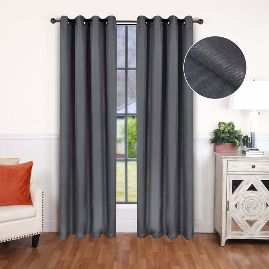 Linen Pattern Washable Room Darkening Blackout Curtains, Set of 2 - Charcoal