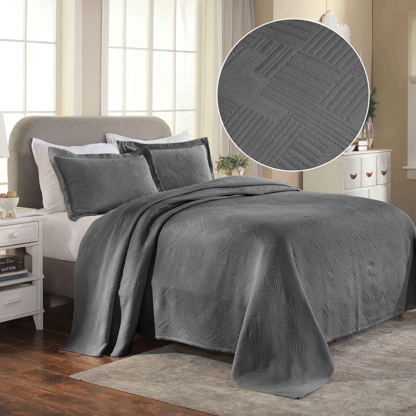 Cotton Jacquard Matelassé Scalloped Geometric Fret Bedspread Set - Charcoal