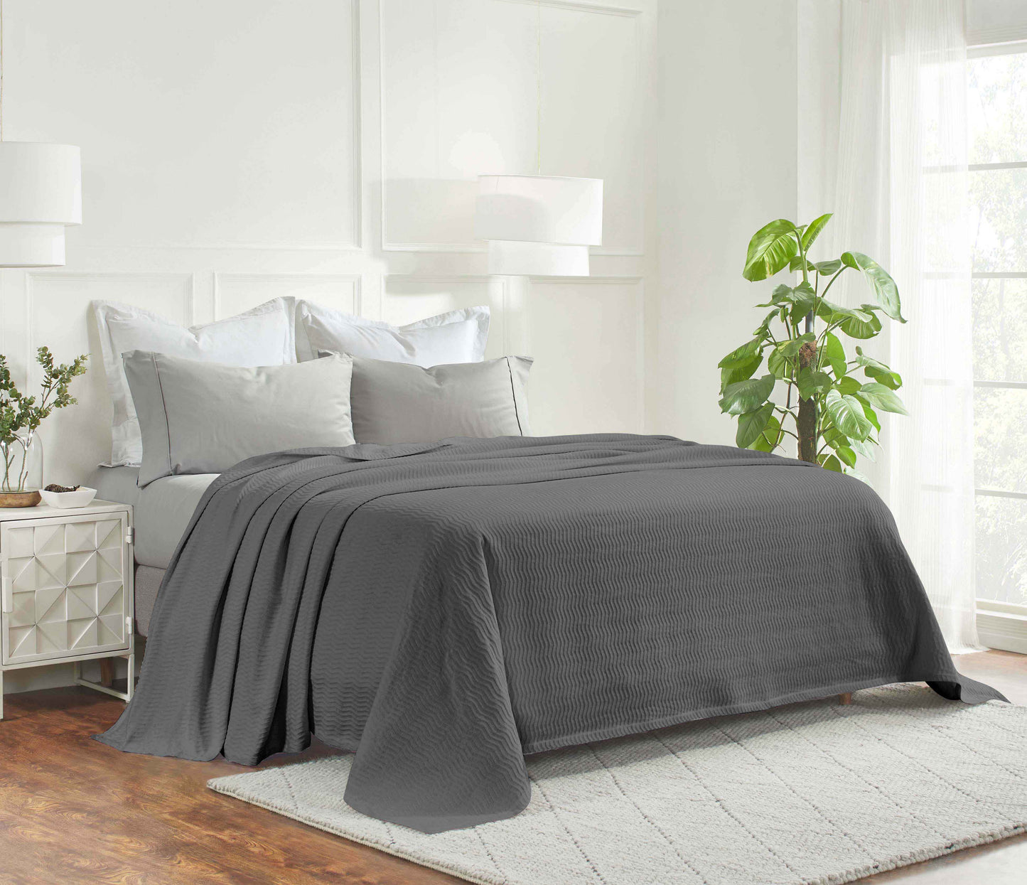 Jena Cotton Textured Chevron Lightweight Woven Blanket - Charcoal