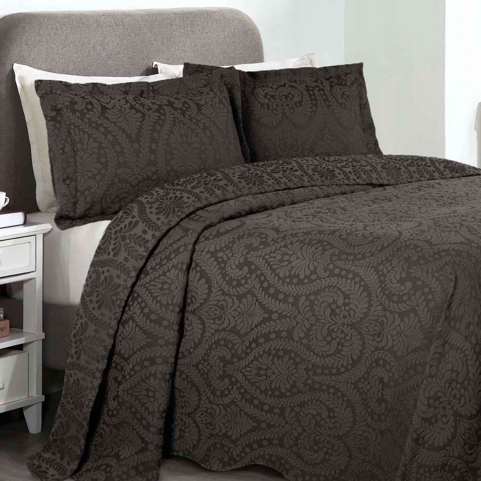 Aspen Cotton Blend Jacquard Floral Scalloped Edge Bedspread Set - Charcoal