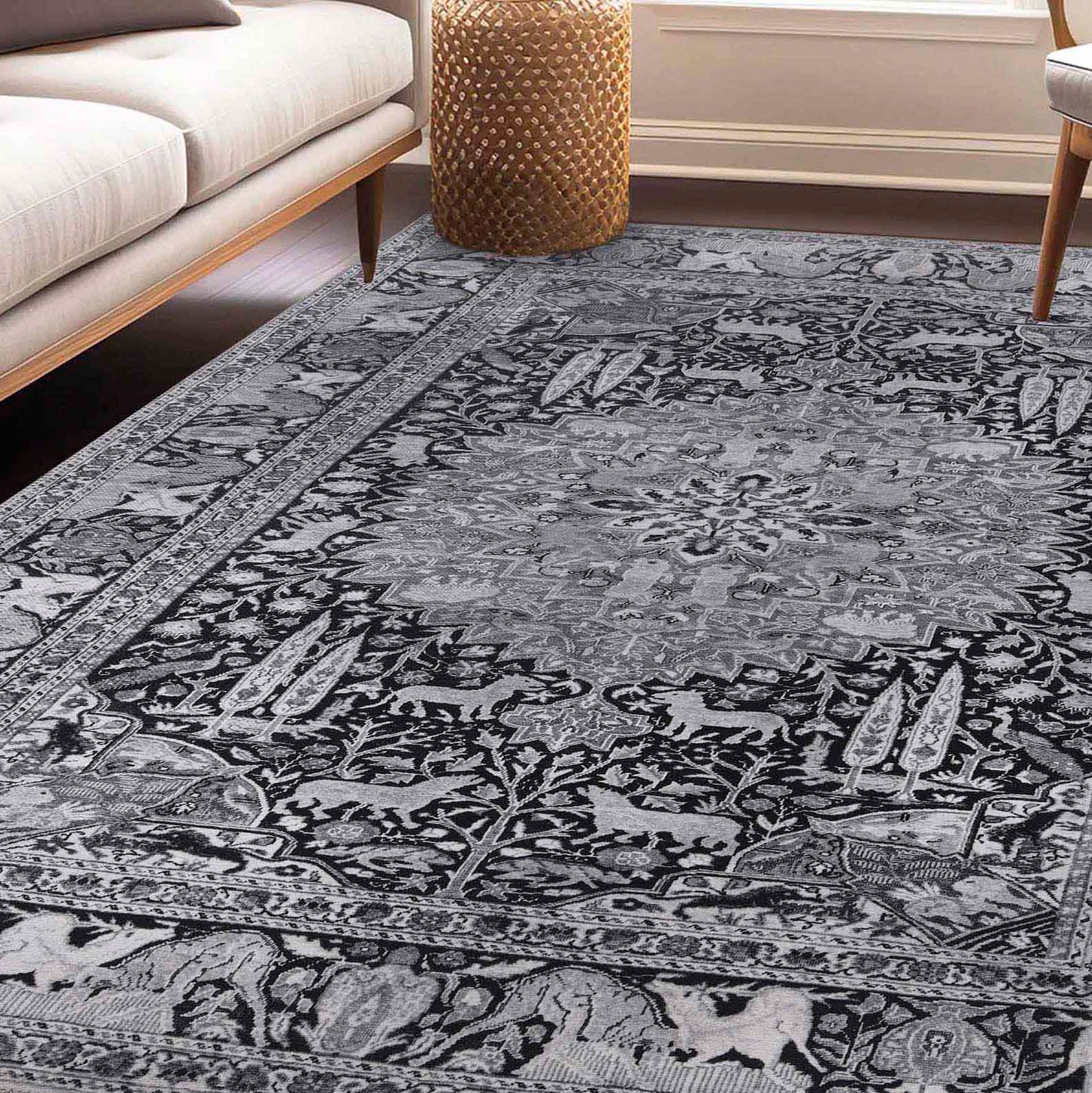 Copley Bohemian Oriental Medallion Wildlife Indoor Area Rug - Charcoal