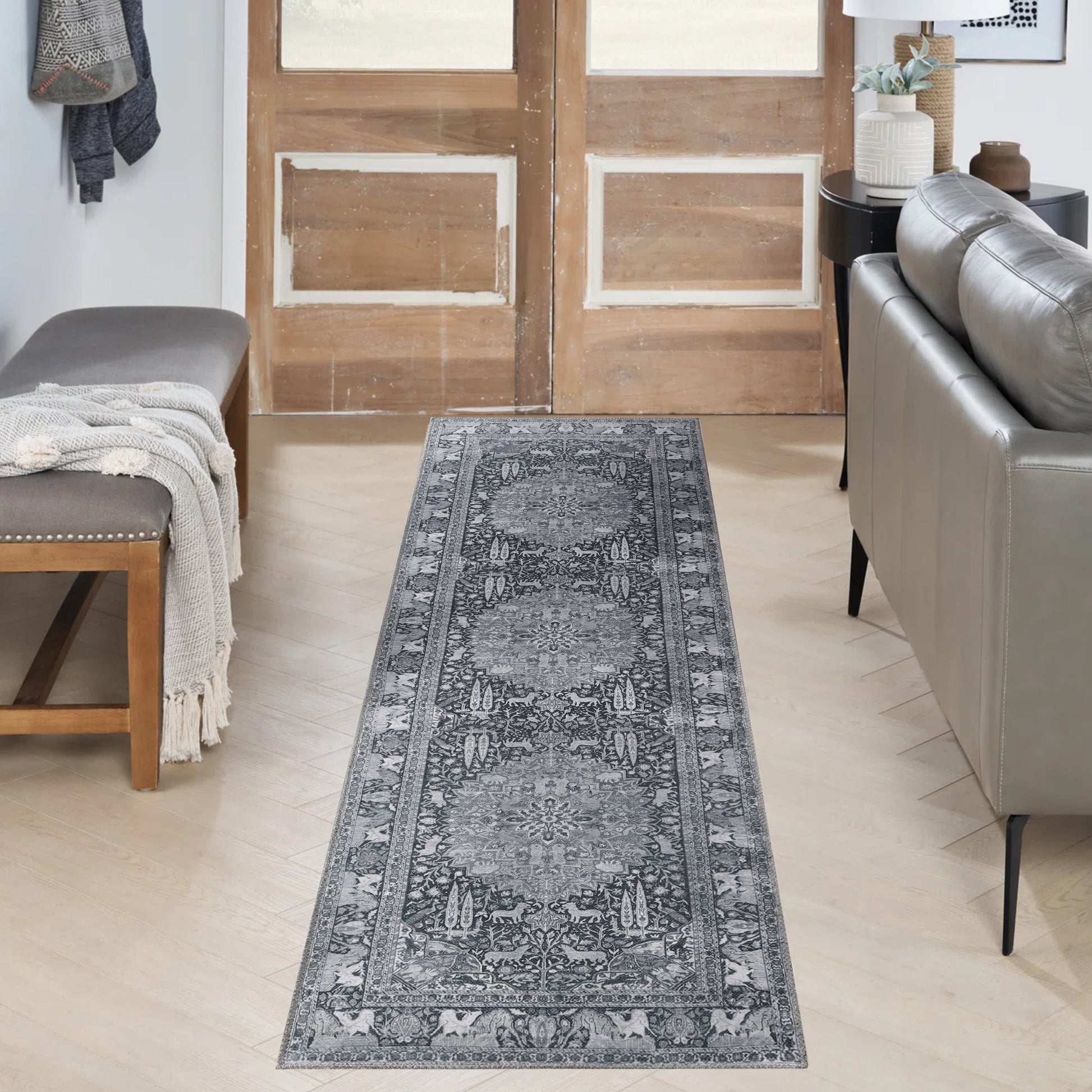 Copley Bohemian Oriental Medallion Wildlife Indoor Area Rug - Charcoal