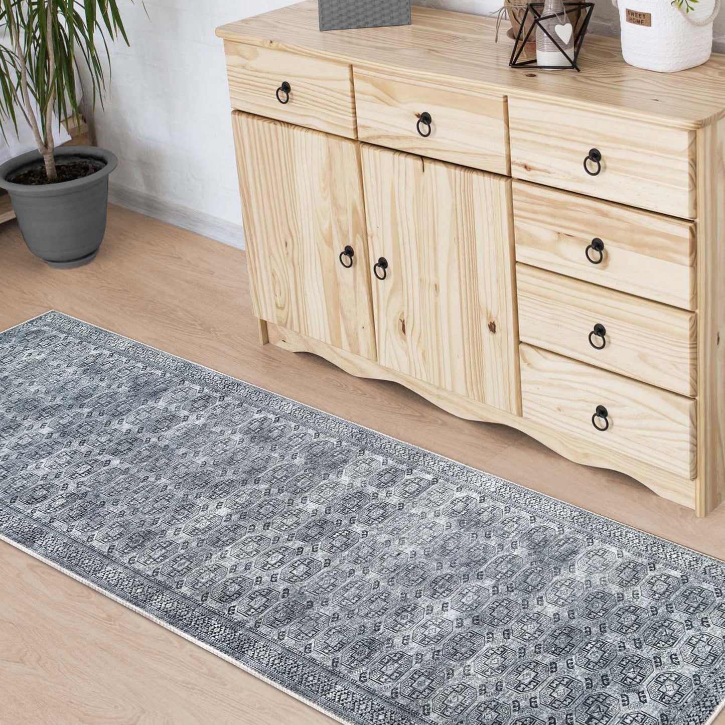 Vintage Oriental Geometric Power-Loomed Indoor Area Rug - Charcoal