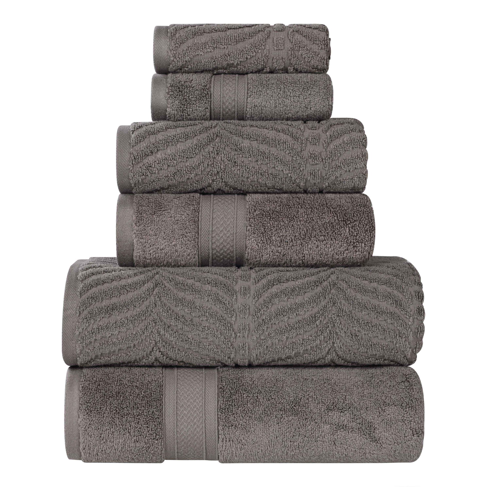 Chevron Zero Twist Solid and Jacquard Soft Cotton 6 Piece Towel Set - Charcoal