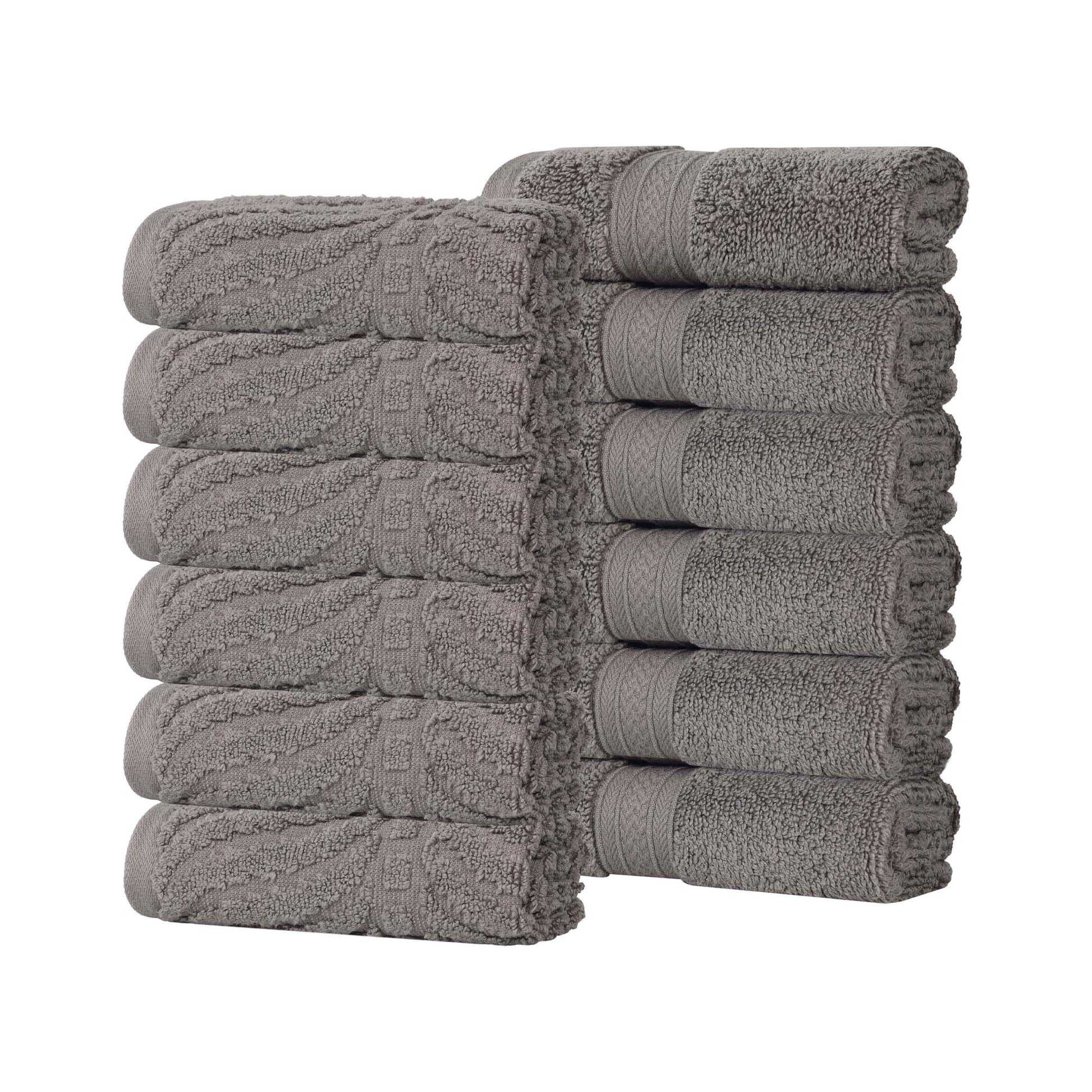 Chevron Zero Twist Solid and Jacquard Soft Cotton Washcloth Set of 12 - Charcoal