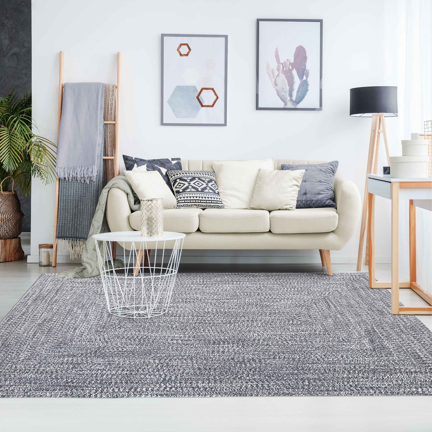 Multi Toned Braided Area Rug Bohemian Indoor Outdoor Rugs - Charcoal-White