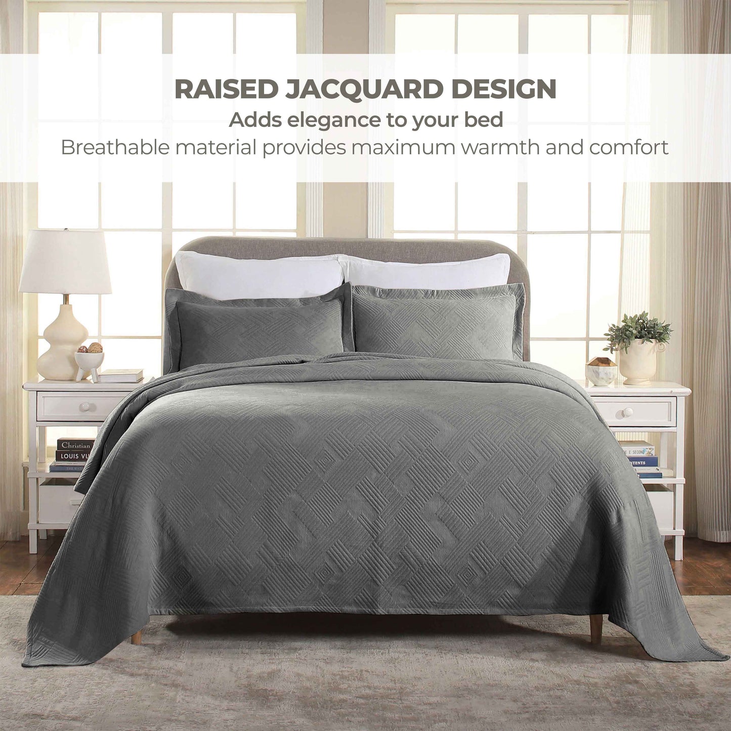 Cotton Jacquard Matelassé Scalloped Geometric Fret Bedspread Set - Charcoal