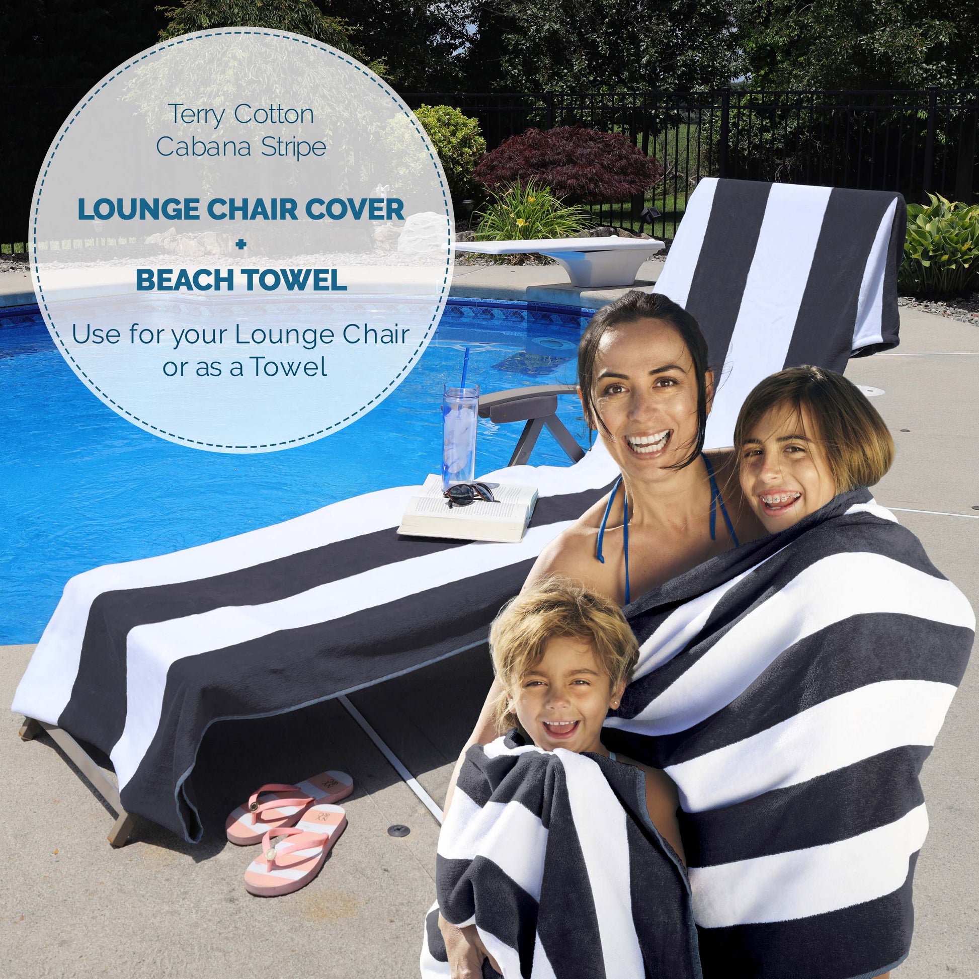 Cabana Striped Cotton Standard Size Chaise Lounge Chair Cover Set of 2 - Charcoal