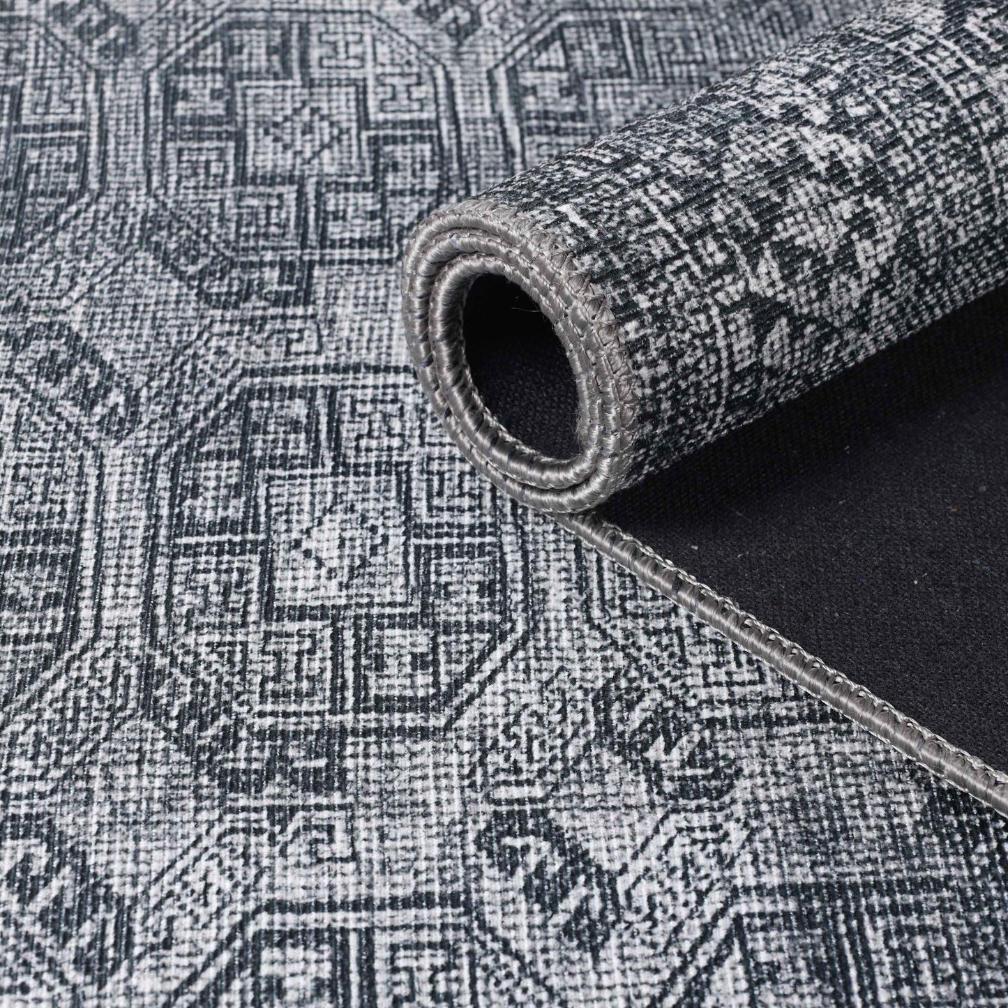 Vintage Oriental Geometric Power-Loomed Indoor Area Rug - Charcoal