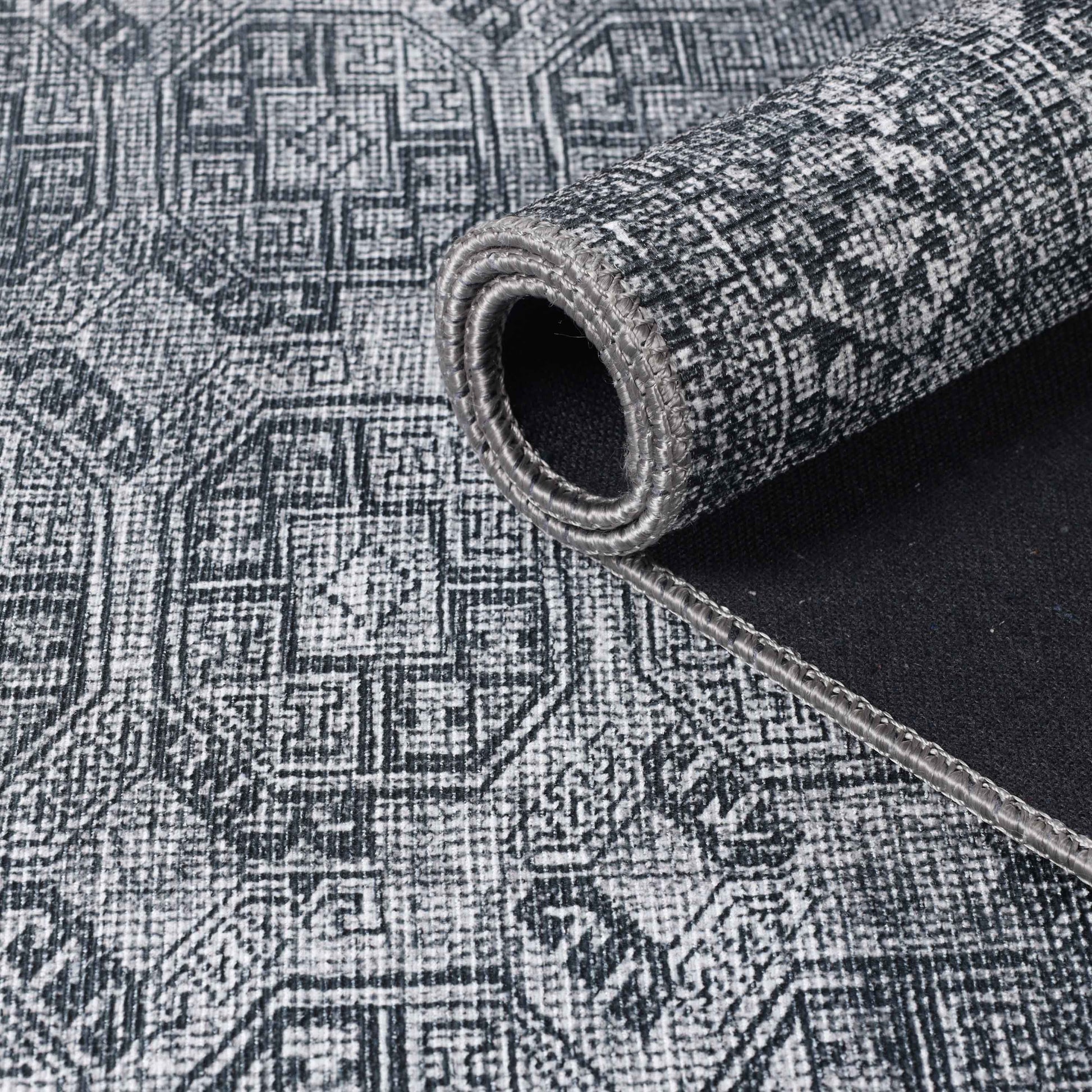 Vintage Oriental Geometric Power-Loomed Indoor Area Rug - Charcoal