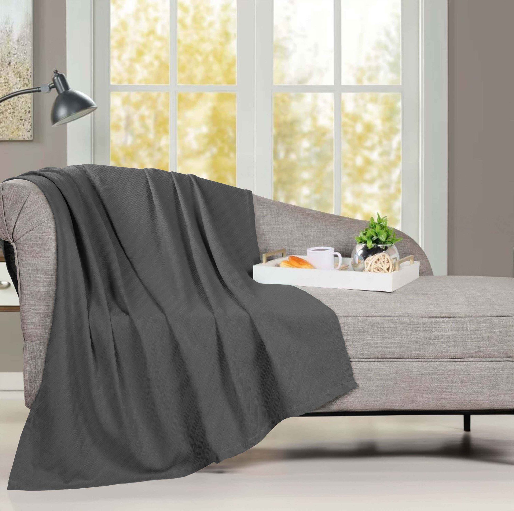 Milan Cotton Textured Jacquard Striped Lightweight Woven Blanket - Charcoal