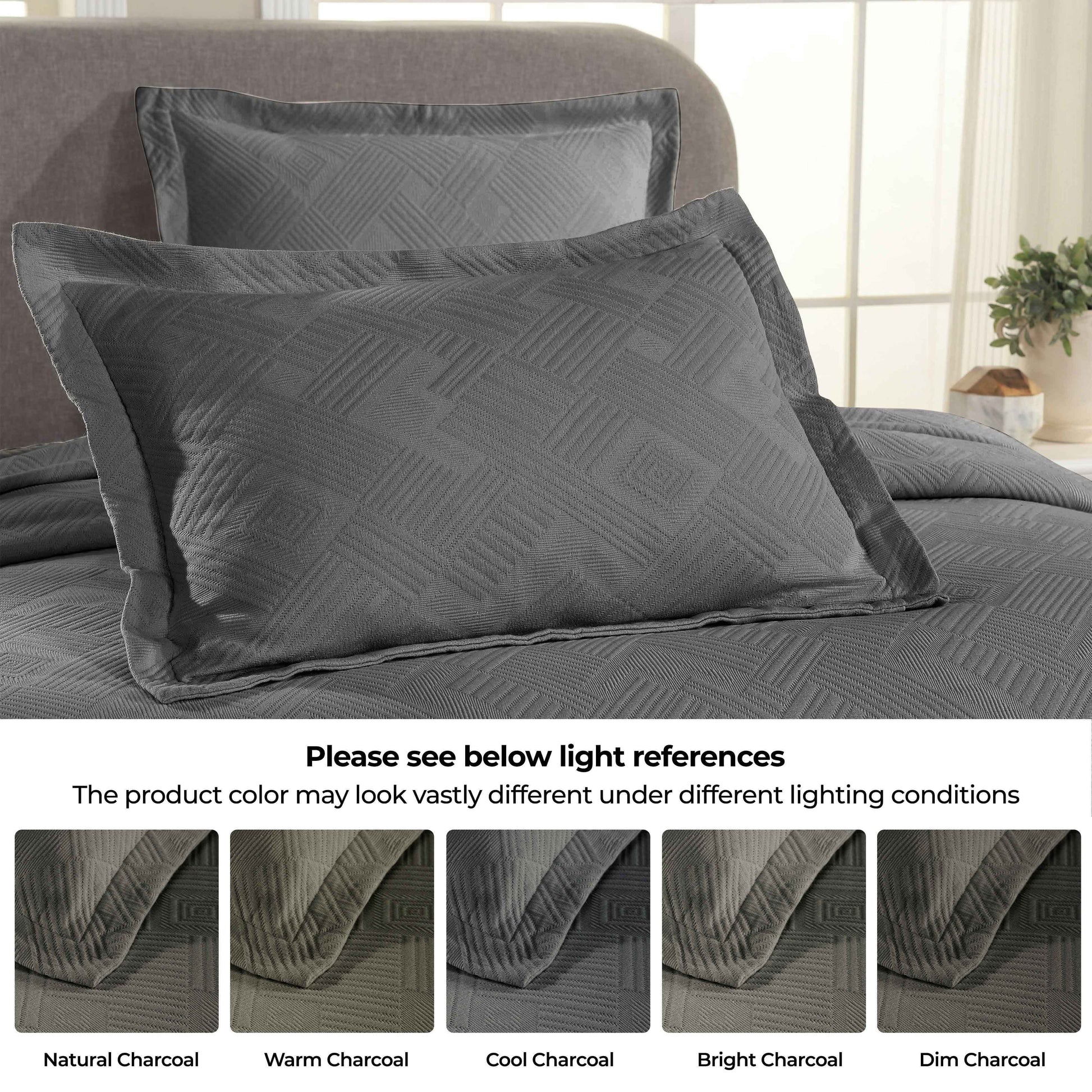 Cotton Jacquard Matelassé Scalloped Geometric Fret Bedspread Set - Charcoal