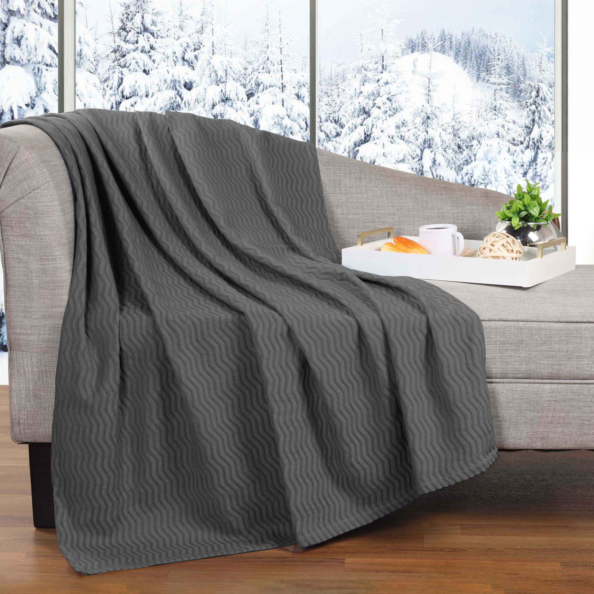 Jena Cotton Textured Chevron Lightweight Woven Blanket - Charcoal