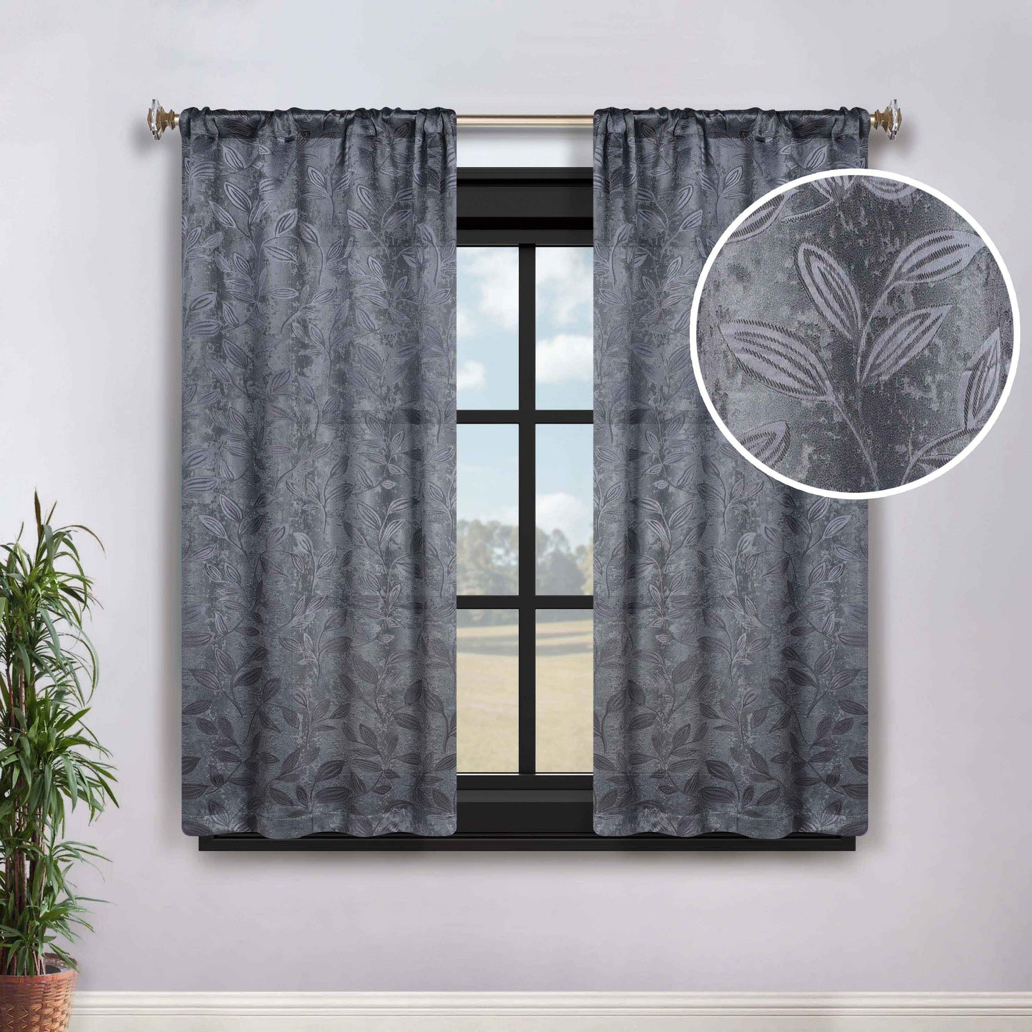 Leaves Room Darkening Grommet Rod Pocket Curtain Panels, Set of 2