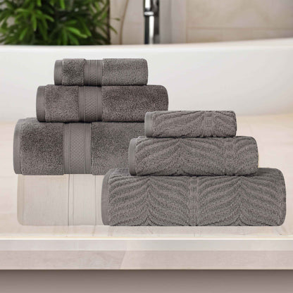 Chevron Zero Twist Solid and Jacquard Soft Cotton 6 Piece Towel Set - Charcoal