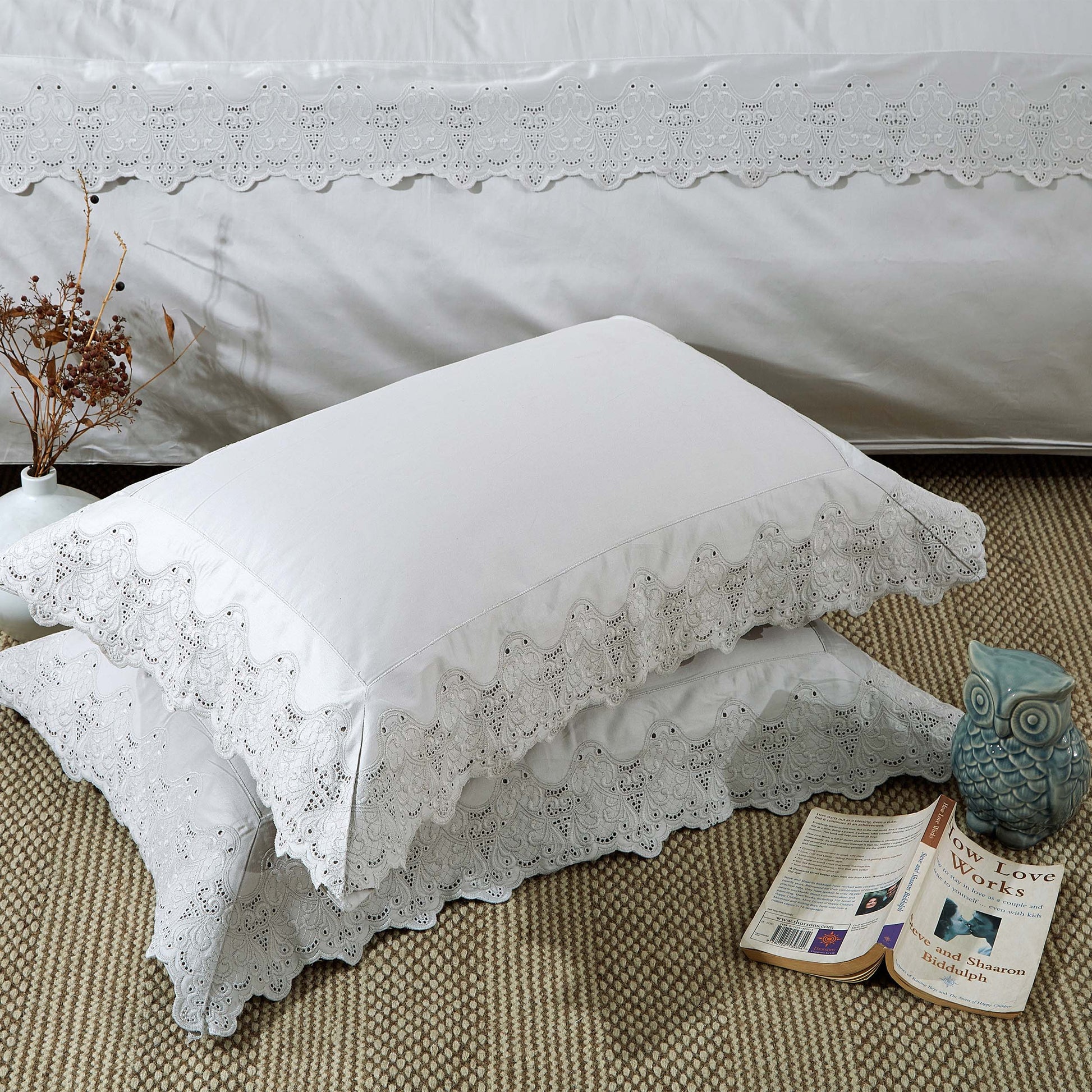 Charlotte Victorian Eyelet Cotton Duvet Cover Set - Charcoal