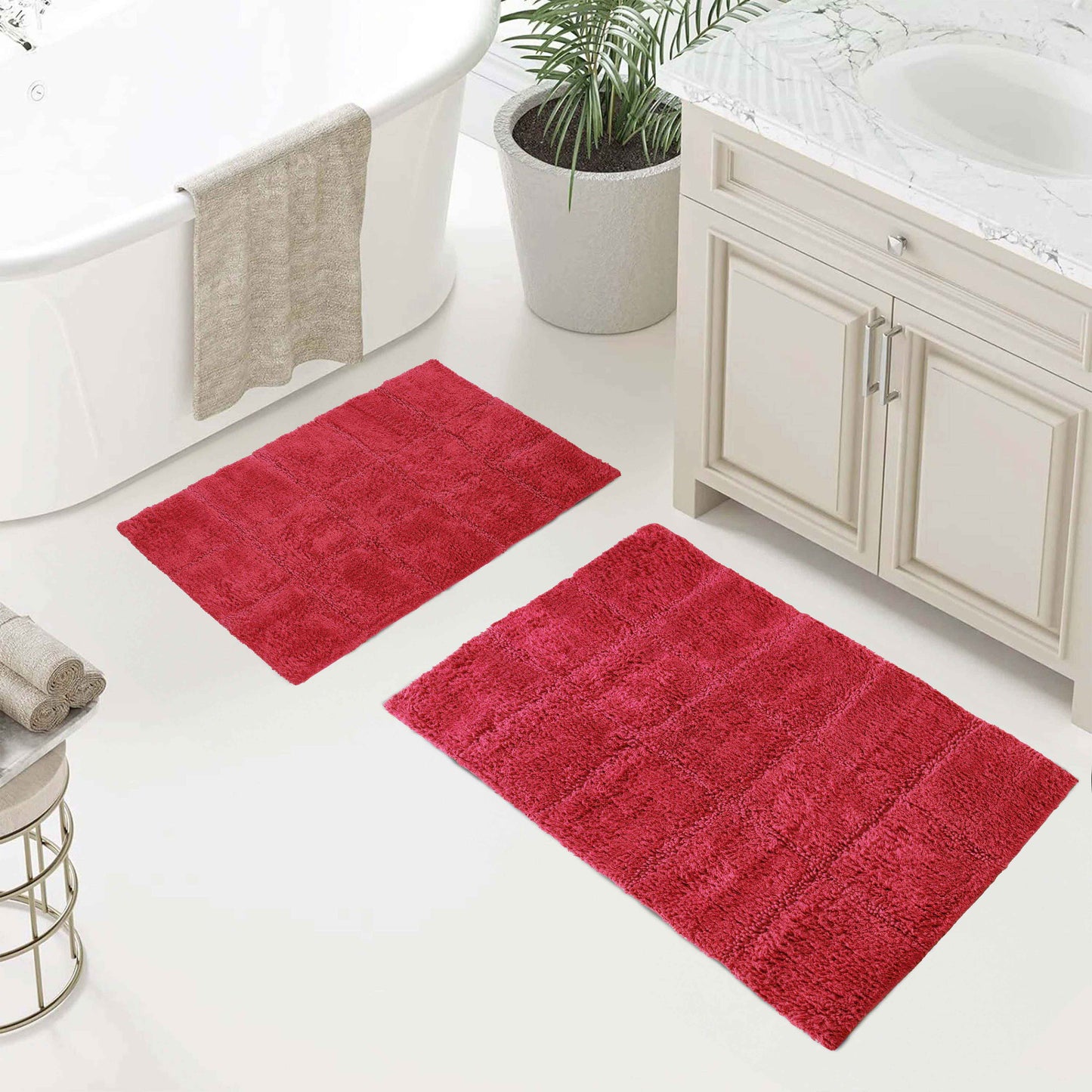 2 Piece Cotton Checkered Solid Non Slip Bath Rug Set - Burgundy