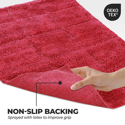 2 Piece Cotton Checkered Solid Non Slip Bath Rug Set - Burgundy