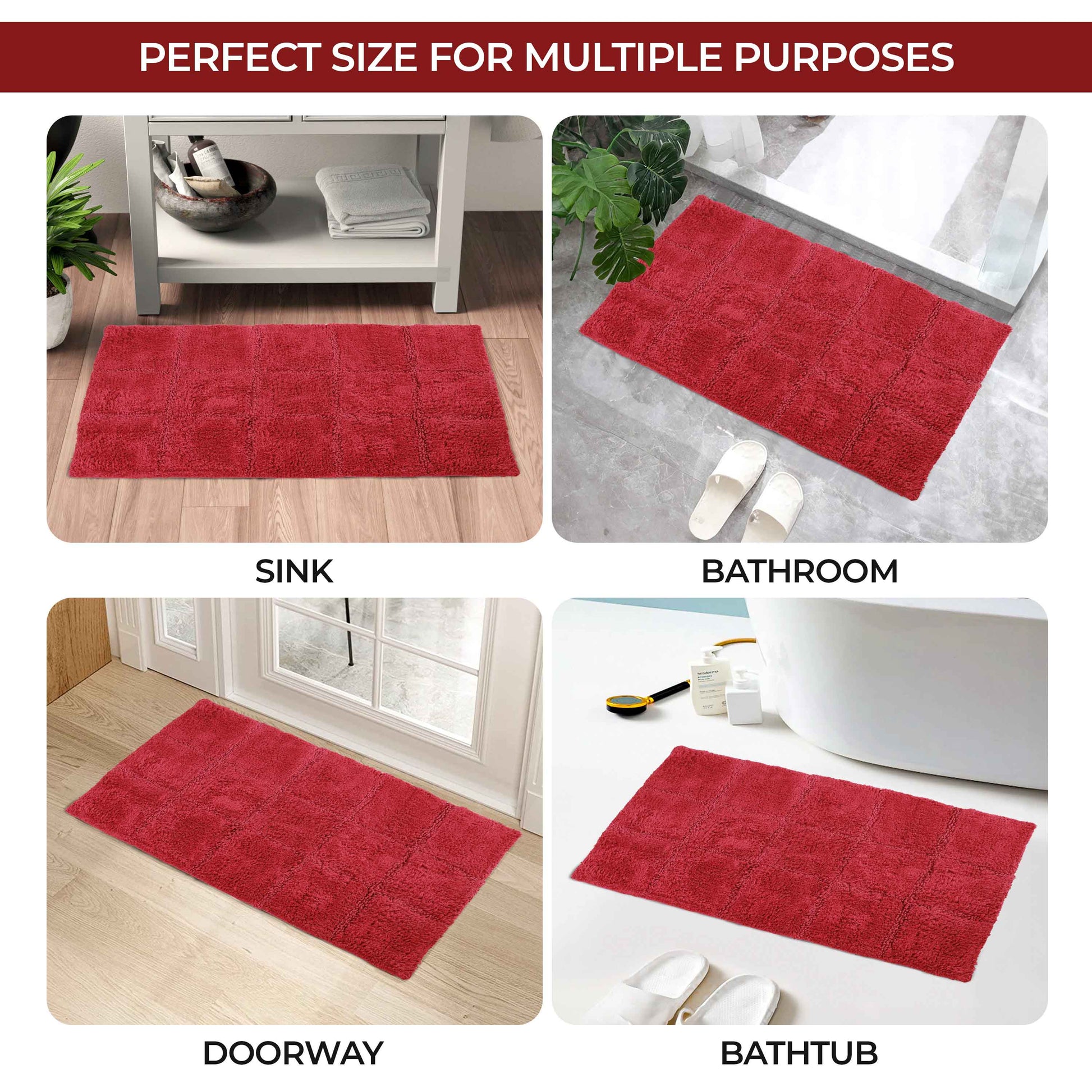 2 Piece Cotton Checkered Solid Non Slip Bath Rug Set - Burgundy