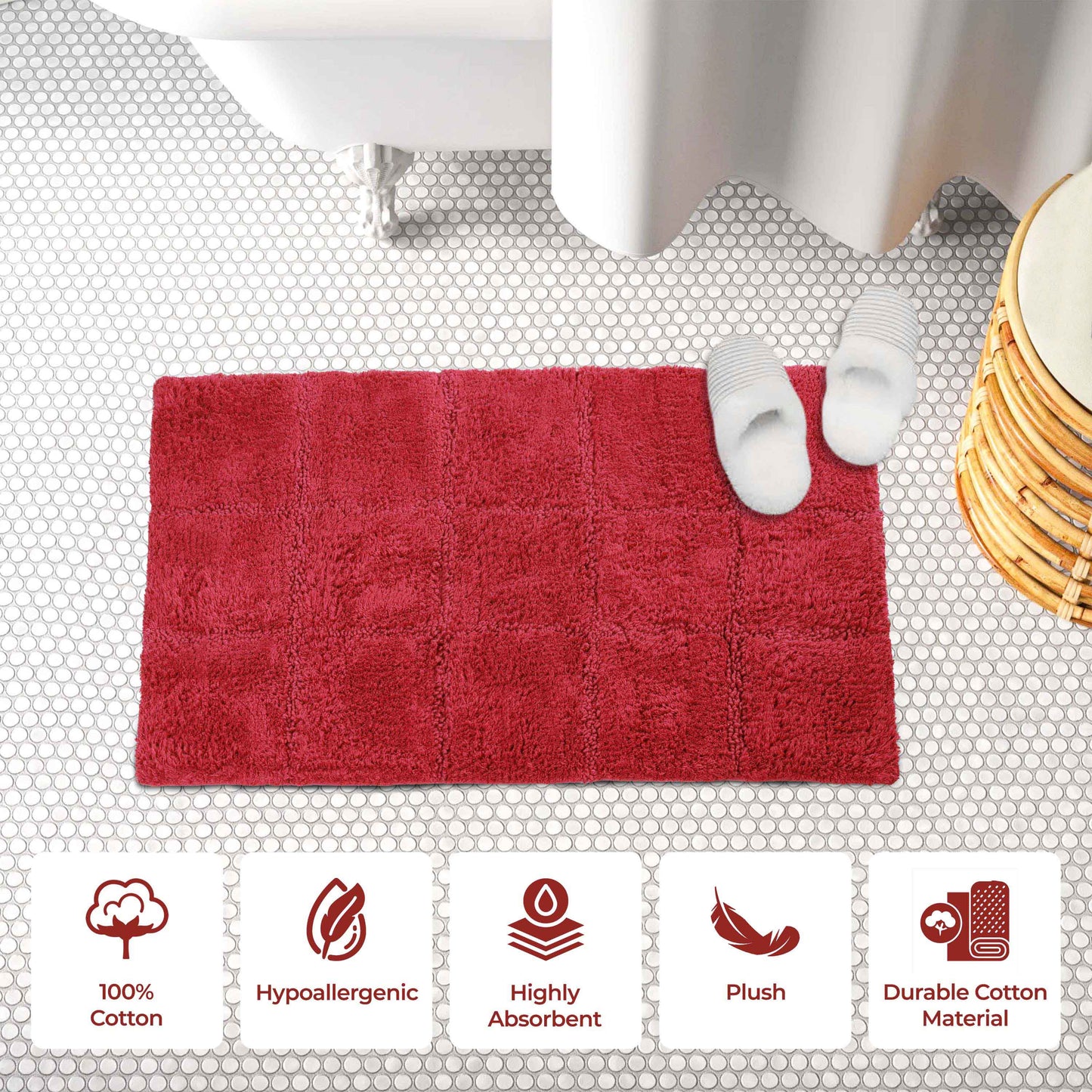 2 Piece Cotton Checkered Solid Non Slip Bath Rug Set - Burgundy