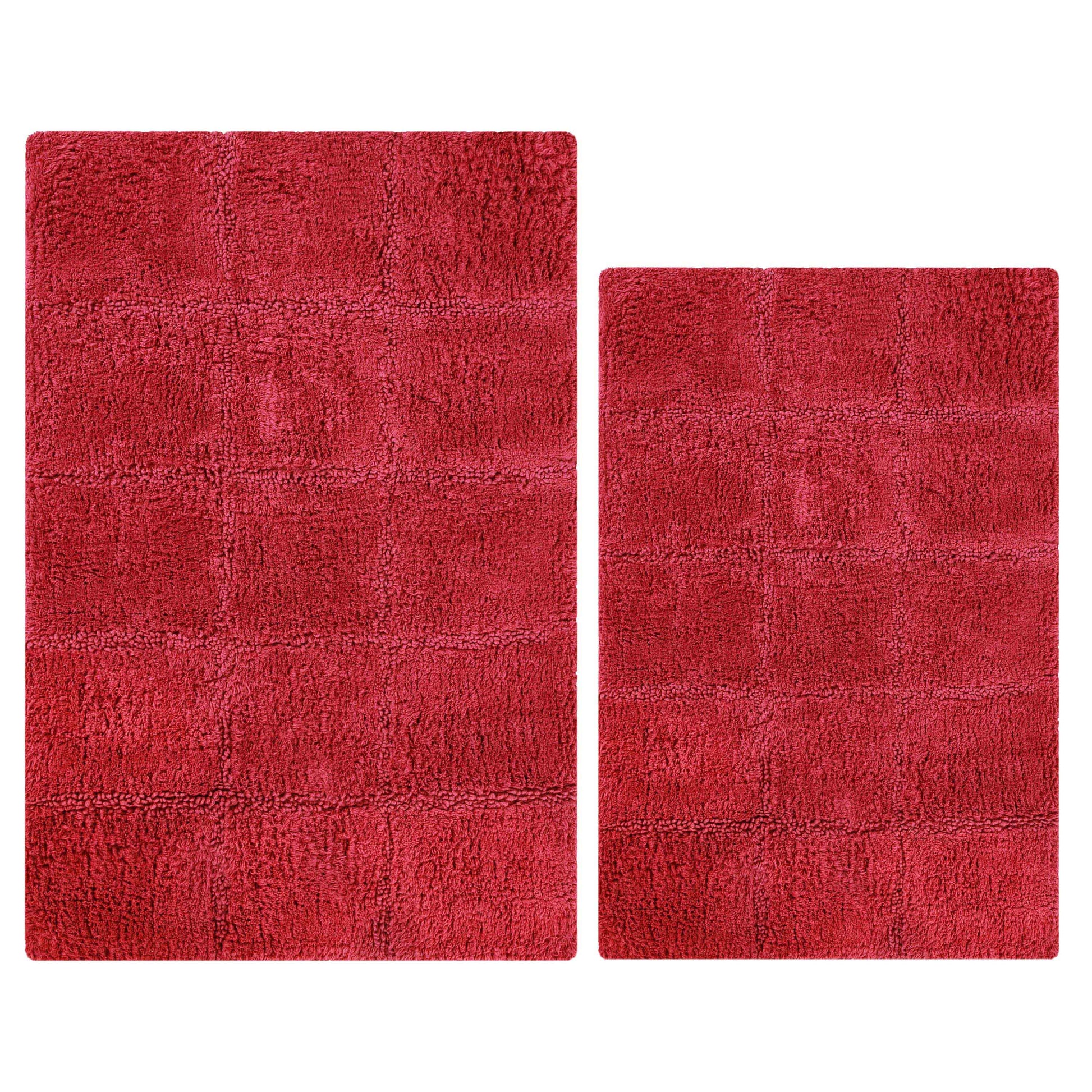 2 Piece Cotton Checkered Solid Non Slip Bath Rug Set - Burgundy