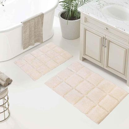 2 Piece Cotton Checkered Solid Non Slip Bath Rug Set - Ivory