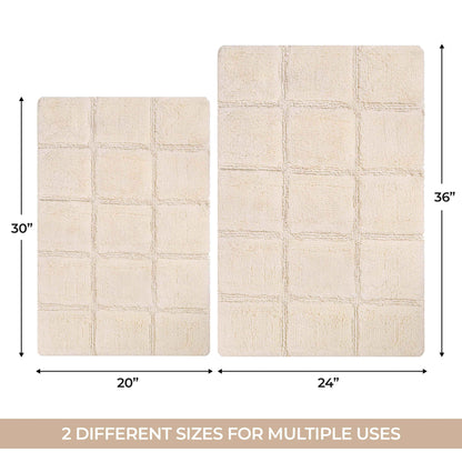 2 Piece Cotton Checkered Solid Non Slip Bath Rug Set - Ivory