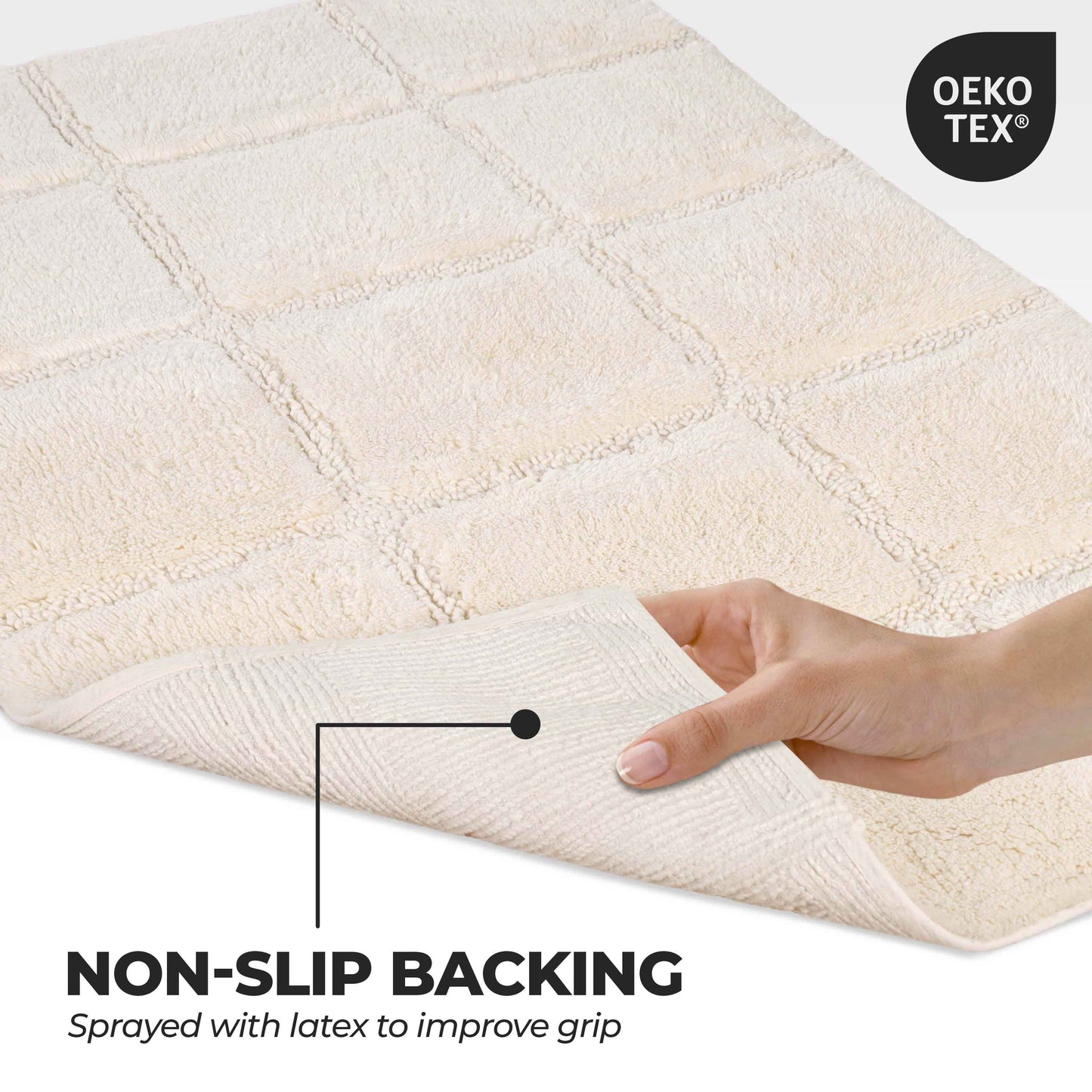 2 Piece Cotton Checkered Solid Non Slip Bath Rug Set - Ivory