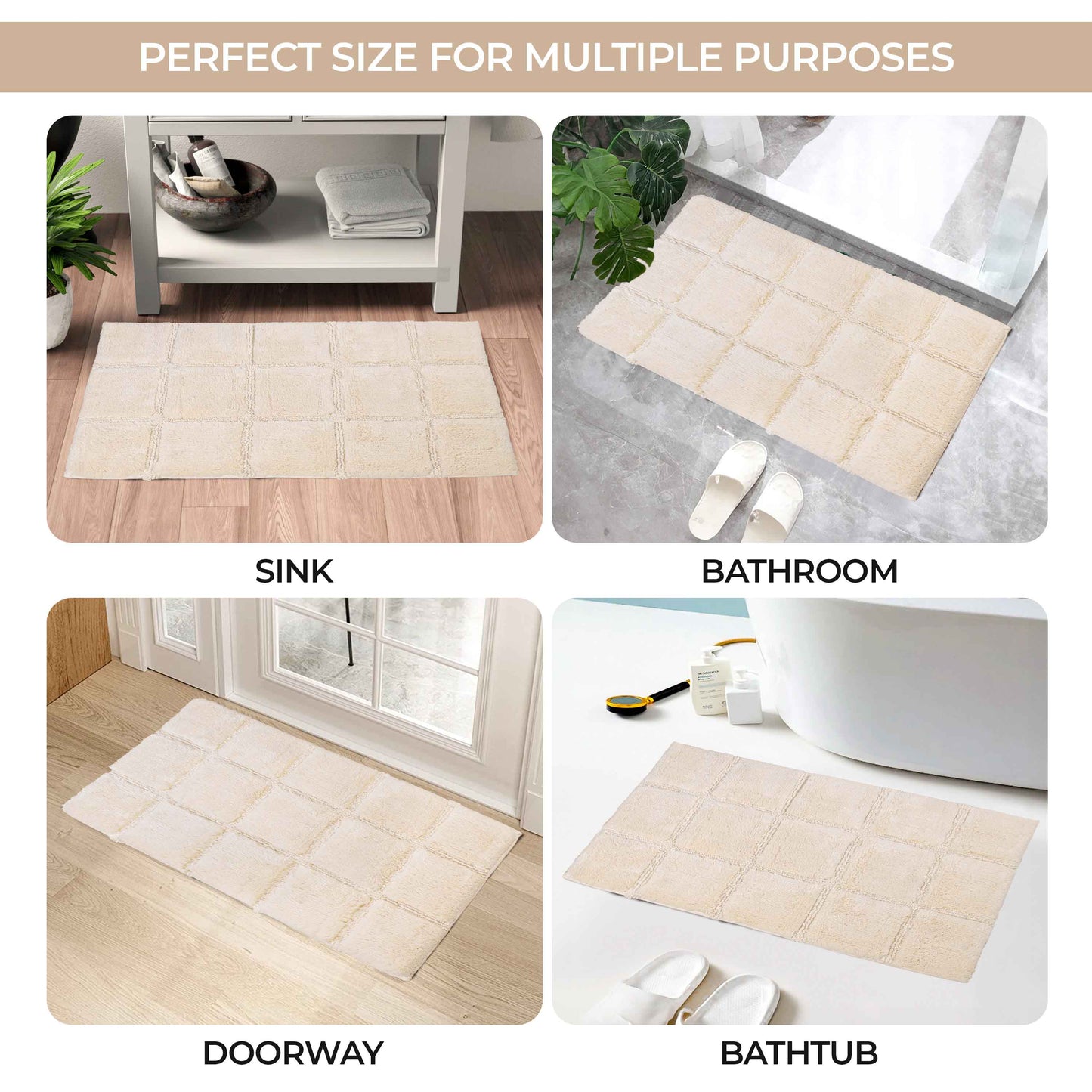 2 Piece Cotton Checkered Solid Non Slip Bath Rug Set - Ivory