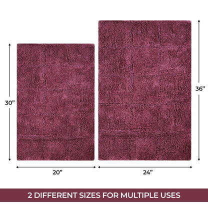 2 Piece Cotton Checkered Solid Non Slip Bath Rug Set - Plum