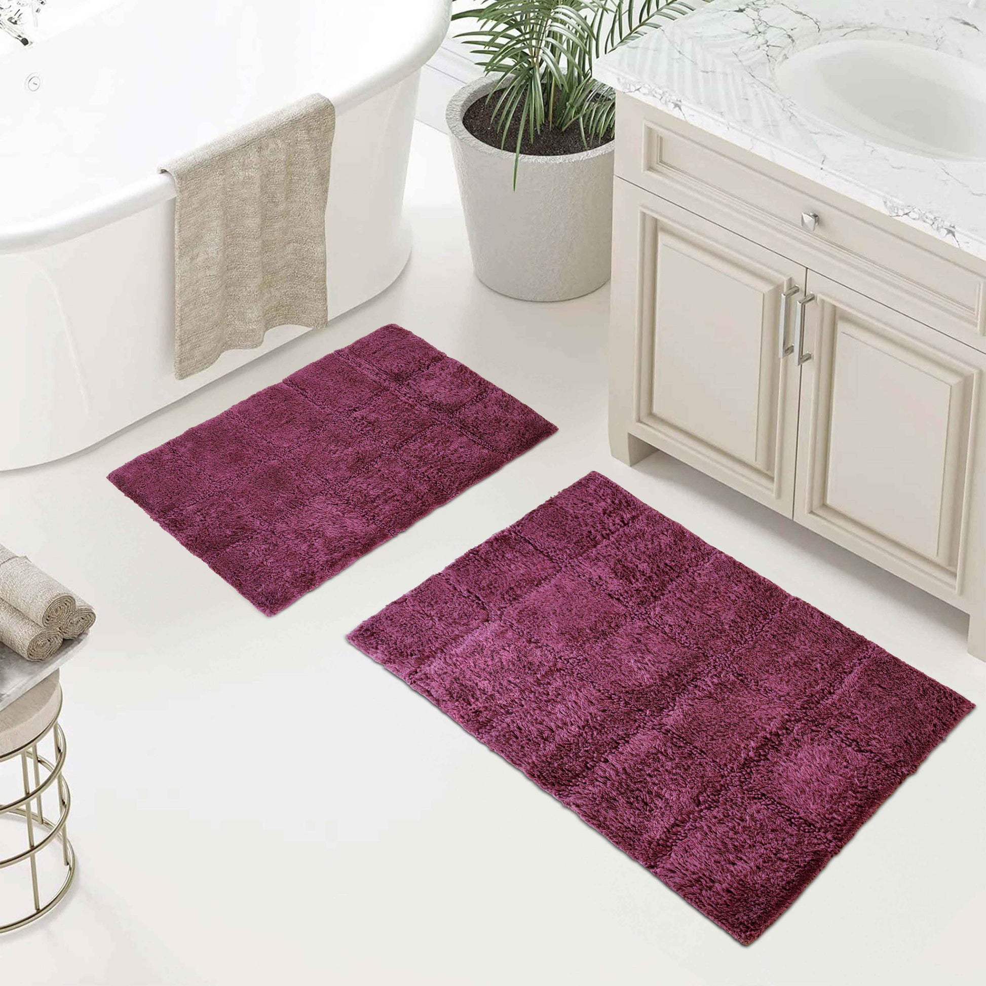 2 Piece Cotton Checkered Solid Non Slip Bath Rug Set - Plum