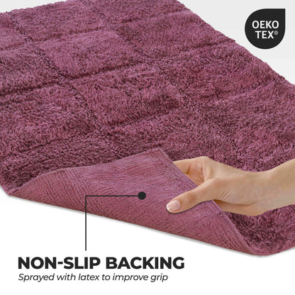 2 Piece Cotton Checkered Solid Non Slip Bath Rug Set - Plum