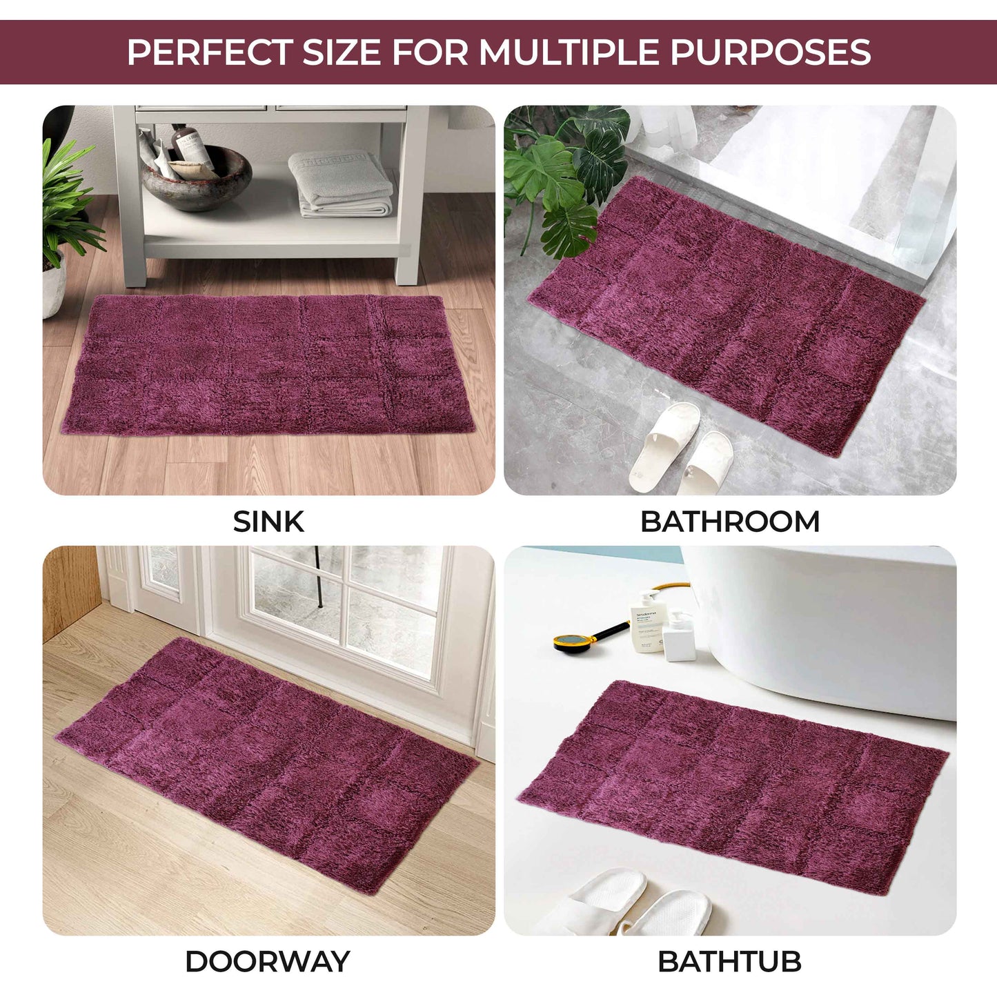 2 Piece Cotton Checkered Solid Non Slip Bath Rug Set - Plum