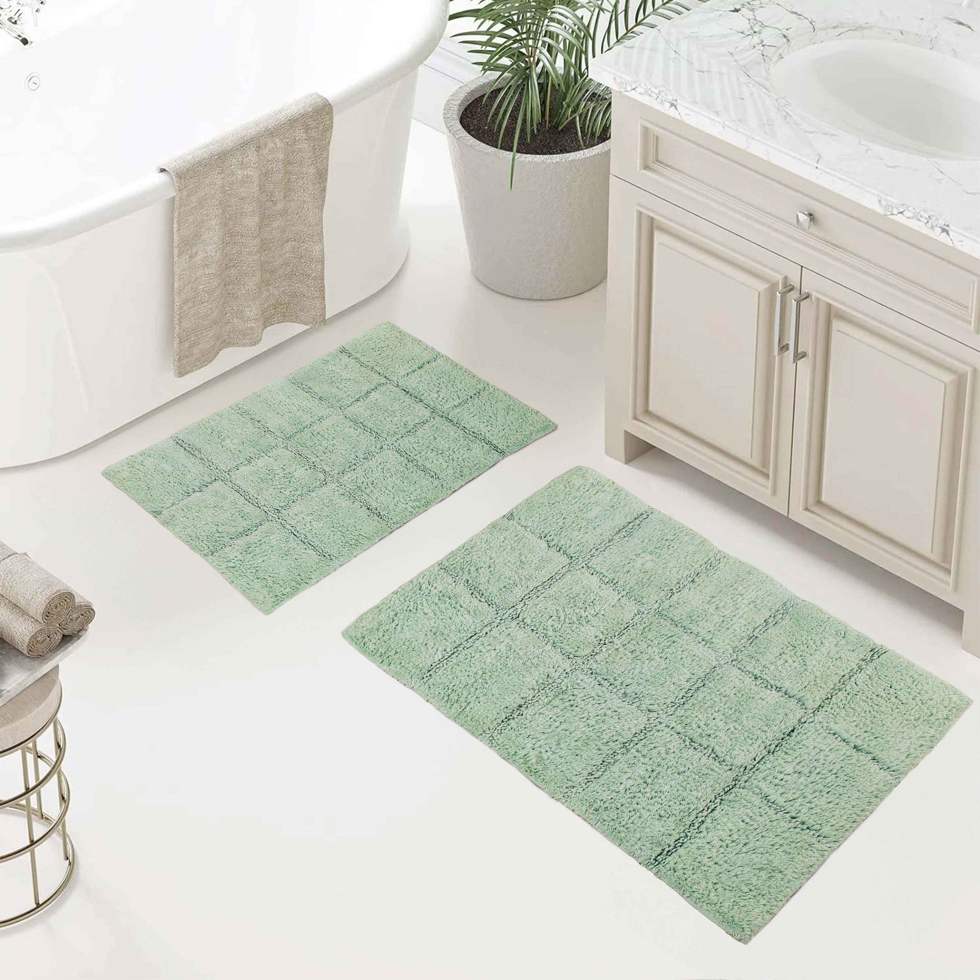 2 Piece Cotton Checkered Solid Non Slip Bath Rug Set - Sage