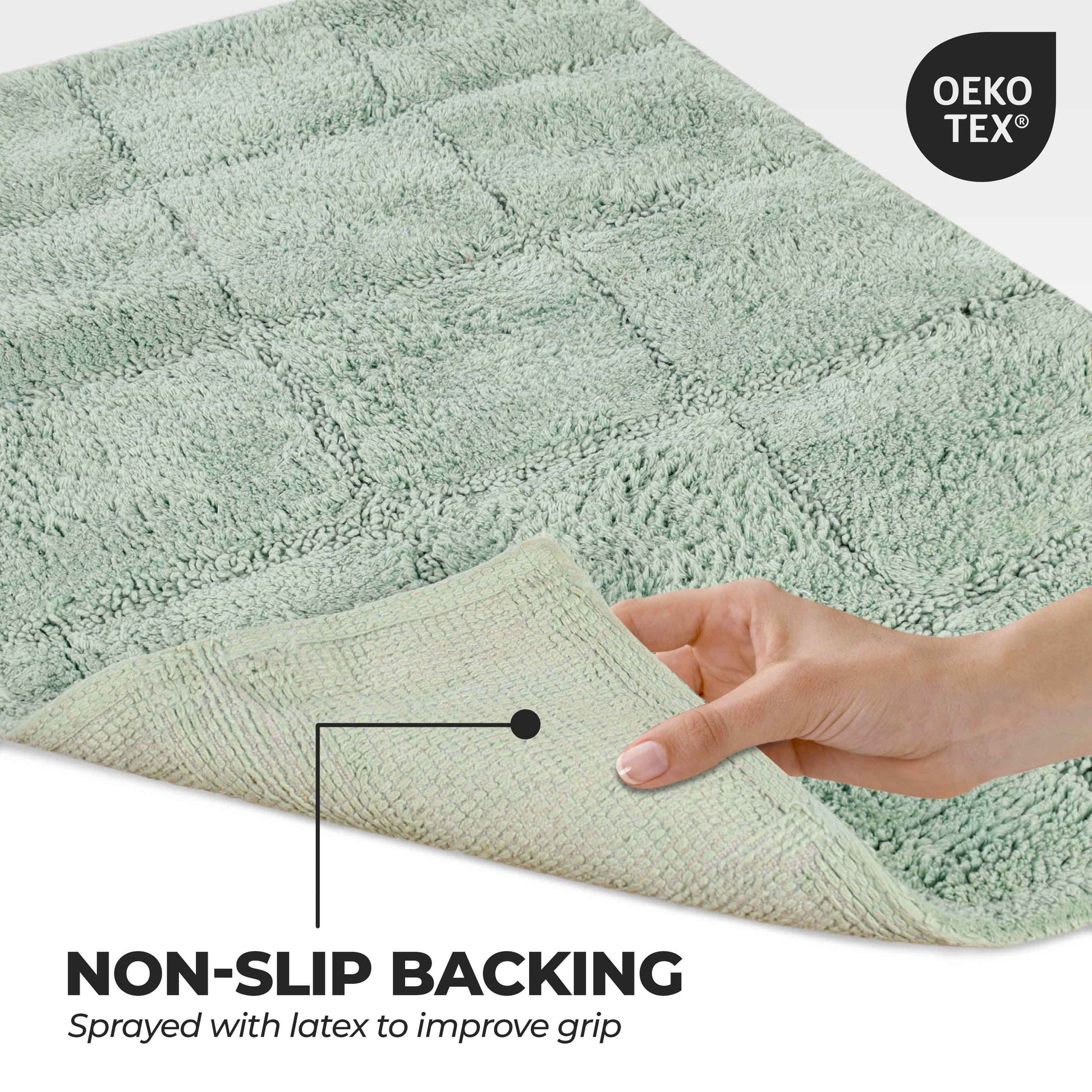 2 Piece Cotton Checkered Solid Non Slip Bath Rug Set - Sage