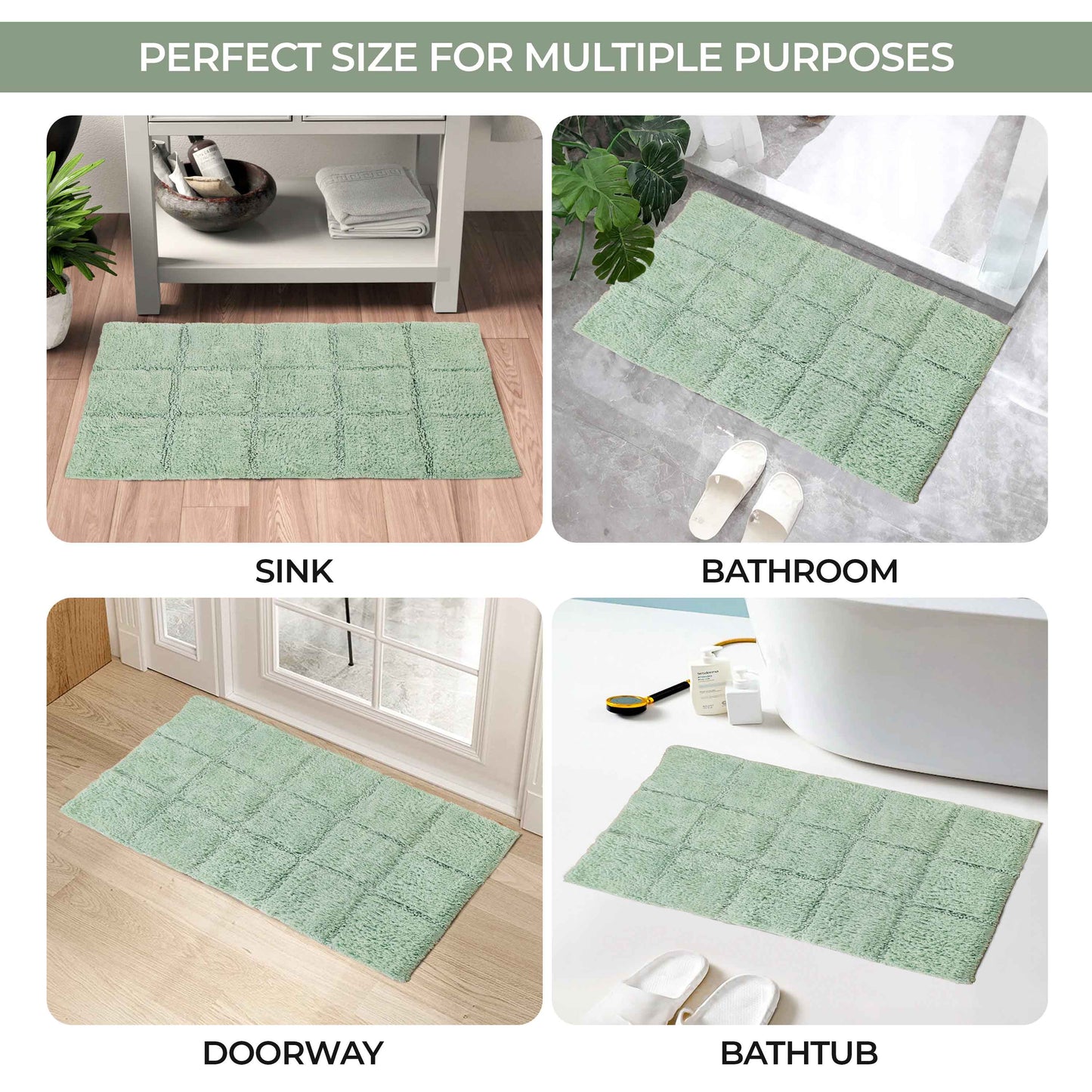 2 Piece Cotton Checkered Solid Non Slip Bath Rug Set - Sage