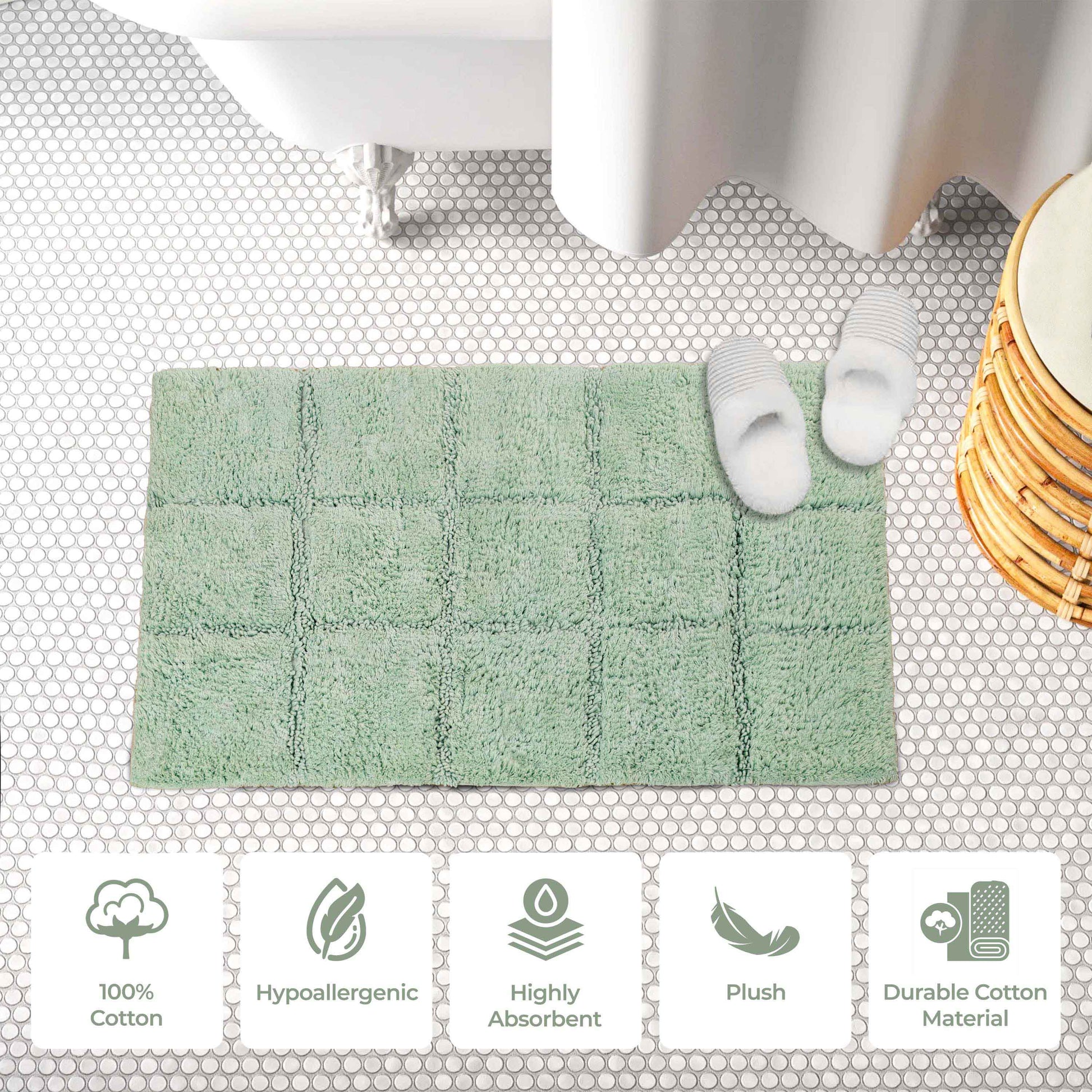 2 Piece Cotton Checkered Solid Non Slip Bath Rug Set - Sage